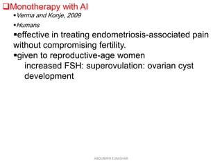 Monotherapy with AI
Verma and Konje, 2009
Humans
effective in treating endometriosis-associated pain
without compromising fertility.
given to reproductive-age women
increased FSH: superovulation: ovarian cyst
development
ABOUBAKR ELNASHAR
 