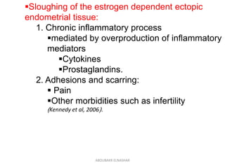 Sloughing of the estrogen dependent ectopic
endometrial tissue:
1. Chronic inflammatory process
mediated by overproduction of inflammatory
mediators
Cytokines
Prostaglandins.
2. Adhesions and scarring:
 Pain
Other morbidities such as infertility
(Kennedy et al, 2006).
ABOUBAKR ELNASHAR
 