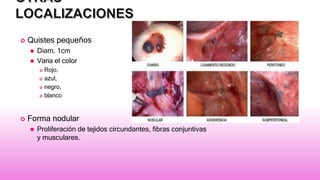  Quistes pequeños
⚫ Diam. 1cm
⚫ Varia el color
 Rojo,
 azul,
 negro,
 blanco
 Forma nodular
⚫ Proliferación de tejidos circundantes, fibras conjuntivas
y musculares.
 