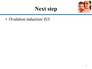 Next step
• Ovulation induction/ IUI
42
 