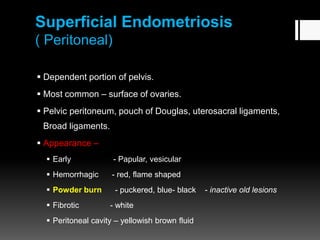 Superficial Endometriosis
( Peritoneal)
 Dependent portion of pelvis.
 Most common – surface of ovaries.
 Pelvic peritoneum, pouch of Douglas, uterosacral ligaments,
Broad ligaments.
 Appearance –
 Early - Papular, vesicular
 Hemorrhagic - red, flame shaped
 Powder burn - puckered, blue- black - inactive old lesions
 Fibrotic - white
 Peritoneal cavity – yellowish brown fluid
 