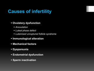 Causes of infertility
 Ovulatory dysfunction
 Anovulation
 Luteal phase defect
 Luteinised unruptured follicle syndrome
 Immunological alteration
 Mechanical factors
 Dyspareunia
 Endometrial dysfunction
 Sperm inactivation
 