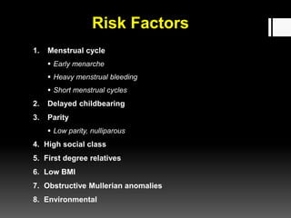 Risk Factors
1. Menstrual cycle
 Early menarche
 Heavy menstrual bleeding
 Short menstrual cycles
2. Delayed childbearing
3. Parity
 Low parity, nulliparous
4. High social class
5. First degree relatives
6. Low BMI
7. Obstructive Mullerian anomalies
8. Environmental
 