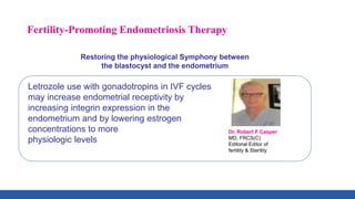 Letrozole use with gonadotropins in IVF cycles
may increase endometrial receptivity by
increasing integrin expression in the
endometrium and by lowering estrogen
concentrations to more
physiologic levels
Dr. Robert F Casper
MD, FRCS(C)
Editorial Editor of
fertility & Sterility
Restoring the physiological Symphony between
the blastocyst and the endometrium
Fertility-Promoting Endometriosis Therapy
 