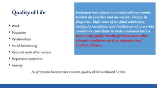 Quality of Life
• Work
• Education
• Relationships
• Social functioning
• Reduced work effectiveness
• Depressive symptoms
• Anxiety
As symptoms become more severe, quality of life isreduced further.
Endometriosis places a considerable economic
burden on families and on society. Delays in
diagnosis, high rates of hospital admission,
surgical procedures, and incidences of comorbid
conditions contribute to make endometriosis a
more costly public health problem than other
chronic conditions such as migraine and
Crohn’s disease.
 