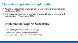 Molecular expression - Implantation
• Aromatase present in Endometrium of women with endometriosis.
(Noble et al 1995)
• B-3 integrin expression is aberrant in endometrium of women with
endometriosis (Lessey et al 1996)
Implantation Requires Synchrony
• Delayed implantation - leads to miscarriage
• Miscarriage goes up with each day of delay
• Clinical evidence for the window of implantation
 
