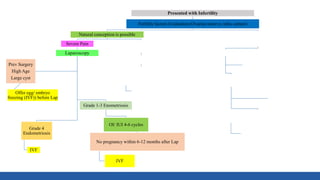 Presented with Infertility
Fertility factors Evaluation (Ovarian reserve, tube, semen)
Natural conception is possible
Severe Pain
Laparoscopy
Grade 4
Endometriosis
IVF
Grade 1-3 Enometriosis
OI/ IUI 4-6 cycles
No pregnancy within 6-12 months after Lap
IVF
Prev Surgery
High Age
Large cyst
Offer egg/ embryo
freezing (IVF)) before Lap
No Pain
Ovulation Induction (OI) 4-6 cycles
IUI 3-6 cycles
IVF
Needs IVF
(Male Factor, tubal factor, poor ovarian reserve)
IVF
Egg collection
Freeze all
GnRH Agonists- 3-6
Frozen embryo transfer
Laparoscopy for pain/
large cysts
Laparoscopy ONLY for pain/
inaccessible ovaries
 