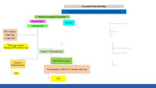 Presented with Infertility
Fertility factors Evaluation (Ovarian reserve, tube, semen)
Natural conception is possible
Severe Pain
Laparoscopy
Grade 4
Endometriosis
IVF
Grade 1-3 Enometriosis
OI/ IUI 4-6 cycles
No pregnancy within 6-12 months after Lap
IVF
Prev Surgery
High Age
Large cyst
Offer egg/ embryo
freezing (IVF)) before Lap
No Pain
Ovulation Induction (OI) 4-6 cycles
IUI 3-6 cycles
IVF
Needs IVF
(Male Factor, tubal factor, poor ovarian reserve)
IVF
Egg collection
Freeze all
GnRH Agonists- 3-6
Frozen embryo transfer
Laparoscopy for pain/
large cysts
Laparoscopy ONLY for pain/
inaccessible ovaries
 