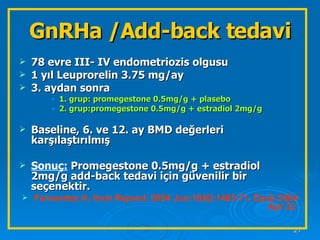 GnRHa /Add-back tedavi 78 evre III- IV endometriozis olgusu 1 yıl Leuprorelin 3.75 mg/ay 3. aydan sonra 1. grup: promegestone 0.5mg/g + plasebo 2. grup:promegestone 0.5mg/g + estradiol 2mg/g Baseline, 6. ve 12. ay BMD değerleri karşılaştırılmış Sonuç:  Promegestone 0.5mg/g + estradiol 2mg/g add-back tedavi için güvenilir bir seçenektir. Fernandez H, Hum Reprod. 2004 Jun;19(6):1465-71. Epub 2004 Apr 22  