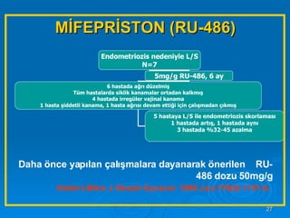 MİFEPRİSTON (RU-486) Daha önce yapılan çalışmalara dayanarak önerilen  RU-486 dozu 50mg/g   Kettel LMAm J Obstet Gynecol. 1998 Jun;178(6):1151-6.   Endometriozis nedeniyle L/S N=7 5mg/g RU-486, 6 ay 6 hastada ağrı düzelmiş Tüm hastalarda siklik kanamalar ortadan kalkmış 4 hastada irregüler vajinal kanama 1 hasta şiddetli kanama, 1 hasta ağrısı devam ettiği için çalışmadan çıkmış 5 hastaya L/S ile endometriozis skorlaması 1 hastada artış, 1 hastada aynı 3 hastada %32-45 azalma 