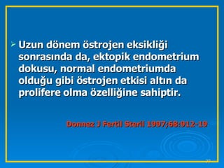 Uzun dönem östrojen eksikliği sonrasında da, ektopik endometrium dokusu, normal endometriumda olduğu gibi östrojen etkisi altın da prolifere olma özelliğine sahiptir. Donnez J Fertil Steril 1997;68:912-19 