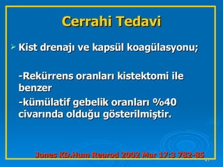 Kist drenajı ve kapsül koagülasyonu; -Rekürrens oranları kistektomi ile benzer  -kümülatif gebelik oranları %40 civarında olduğu gösterilmiştir.  Jones KD,Hum Reprod 2002 Mar 17:3 782-85   Cerrahi Tedavi 