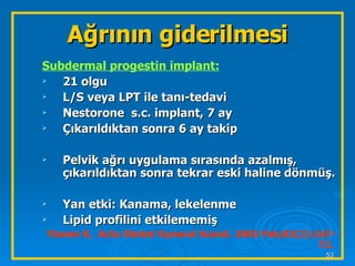 Subdermal progestin implant: 21 olgu  L/S veya LPT ile tanı-tedavi Nestorone  s.c. implant, 7 ay  Çıkarıldıktan sonra 6 ay takip Pelvik ağrı uygulama sırasında azalmış, çıkarıldıktan sonra tekrar eski haline dönmüş. Yan etki: Kanama, lekelenme Lipid profilini etkilememiş Ylanen K,  Acta Obstet Gynecol Scand. 2003 Feb;82(2):167-72.  Ağrının giderilmesi 