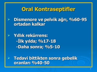Oral Kontraseptifler Dismenore ve pelvik ağrı, %60-95 ortadan kalkar Yıllık rekürrens: -İlk yılda; %17-18 -Daha sonra; %5-10 Tedavi bittikten sonra gebelik oranları %40-50  