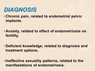 DIAGNOSIS
•Chronic pain, related to endometrial pelvic
implants.
•Anxiety, related to effect of endometriosis on
fertility.
•Deficient knowledge, related to diagnosis and
treatment options.
•Ineffective sexuality patterns, related to the
manifestations of endometriosis.
 