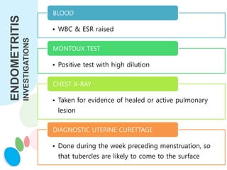 ENDOMETRITIS
INVESTIGATIONS • WBC & ESR raised
BLOOD
• Positive test with high dilution
MONTOUX TEST
• Taken for evidence of healed or active pulmonary
lesion
CHEST X-RAY
• Done during the week preceding menstruation, so
that tubercles are likely to come to the surface
DIAGNOSTIC UTERINE CURETTAGE
 