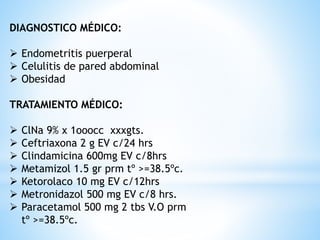 DIAGNOSTICO MÉDICO:
 Endometritis puerperal
 Celulitis de pared abdominal
 Obesidad
TRATAMIENTO MÉDICO:
 ClNa 9% x 1ooocc xxxgts.
 Ceftriaxona 2 g EV c/24 hrs
 Clindamicina 600mg EV c/8hrs
 Metamizol 1.5 gr prm tº >=38.5ºc.
 Ketorolaco 10 mg EV c/12hrs
 Metronidazol 500 mg EV c/8 hrs.
 Paracetamol 500 mg 2 tbs V.O prm
tº >=38.5ºc.
 