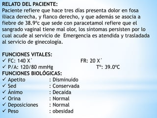 RELATO DEL PACIENTE:
Paciente refiere que hace tres días presenta dolor en fosa
iliaca derecha, y flanco derecho, y que además se asocia a
fiebre de 38.9ºc que sede con paracetamol refiere que el
sangrado vaginal tiene mal olor, los síntomas persisten por lo
cual acude al servicio de Emergencia es atendida y trasladada
al servicio de ginecología.
FUNCIONES VITALES:
 FC: 140 X´ FR: 20 X´
 P/A: 120/80 mmHg Tº: 39.0ºC
FUNCIONES BIOLÓGICAS:
 Apetito : Disminuido
 Sed : Conservada
 Ánimo : Decaída
 Orina : Normal
 Deposiciones : Normal
 Peso : obesidad
 
