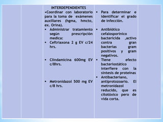 INTERDEPENDIENTES
•Coordinar con laboratorio
para la toma de exámenes
auxiliares (hgma, hmcto,
ex. Orina).
 Administrar tratamiento
según prescripción
medica:
 Ceftriaxona 2 g EV c/24
hrs.
 Clindamicina 600mg EV
c/8hrs.
 Metronidazol 500 mg EV
c/8 hrs.
 Para determinar e
identificar el grado
de infección.
 Antibiótico
cefalosporinico
bactericida ,activo
contra gran
bacterias gram
positivos y gram
negativos.
 Tiene efecto
bacteriostático
interfiere con la
síntesis de proteínas
 Antibacteriano,
antiprotozoario. El
metronidazol
reducido, que es
citotóxico pero de
vida corta.
 