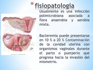 Usualmente es una infección
polimicrobiana asociada a
flora anaerobia y aerobia
mixta.
Bacteremia puede presentarse
en 10 % a 20 % Contaminación
de la cavidad uterina con
organismos vaginales durante
el parto o puerperio que
progresa hacia la invasión del
miometrio.
*
 