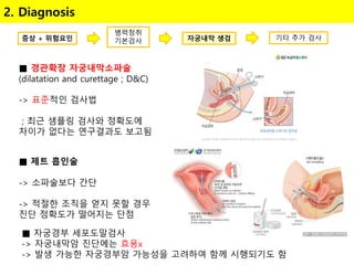 2. Diagnosis
증상 + 위험요인
병력청취
기본검사 자궁내막 생검 기타 추가 검사
■ 경관확장 자궁내막소파술
(dilatation and curettage ; D&C)
-> 표준적인 검사법
; 최근 샘플링 검사와 정확도에
차이가 없다는 연구결과도 보고됨
■ 제트 흡인술
-> 소파술보다 간단
-> 적절한 조직을 얻지 못할 경우
진단 정확도가 떨어지는 단점
■ 자궁경부 세포도말검사
-> 자궁내막암 진단에는 효용x
-> 발생 가능한 자궁경부암 가능성을 고려하여 함께 시행되기도 함
 