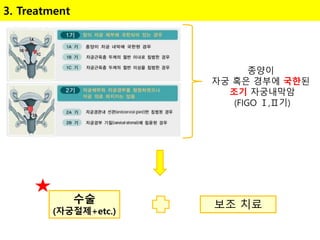 3. Treatment
종양이
자궁 혹은 경부에 국한된
조기 자궁내막암
(FIGO Ⅰ,Ⅱ기)
수술
(자궁절제+etc.)
보조 치료
 