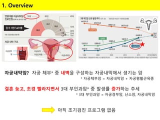 자궁내막암? 자궁 체부* 중 내벽을 구성하는 자궁내막에서 생기는 암
* 자궁체부암 = 자궁내막암 + 자궁평활근육종
결혼 늦고, 초경 빨라지면서 3대 부인과암* 중 발생률 증가하는 추세
* 3대 부인과암 = 자궁경부암, 난소암, 자궁내막암
1. Overview
아직 조기검진 프로그램 없음
 