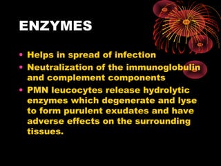 ENZYMES 
• Helps in spread of infection 
• Neutralization of the immunoglobulin 
and complement components 
• PMN leucocytes release hydrolytic 
enzymes which degenerate and lyse 
to form purulent exudates and have 
adverse effects on the surrounding 
tissues. 
 