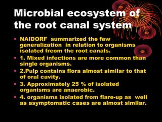 Microbial ecosystem of 
the root canal system 
• NAIDORF summarized the few 
generalization in relation to organisms 
isolated freom the root canals. 
• 1. Mixed infections are more common than 
single organisms. 
• 2.Pulp contains flora almost similar to that 
of oral cavity. 
• 3. Approximately 25 % of isolated 
organisms are anaerobic. 
• 4. organisms isolated from flare-up as well 
as asymptomatic cases are almost similar. 
 