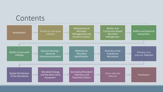 Contents
Introduction
Routes of root canal
infection
Mechanisms of
Microbial
Pathogenicity and
Virulence Factors
Biofilm and
Community-Based
Microbial
Pathogenesis
Biofilm and Bacterial
Interactions
Biofilm Community
Lifestyle
Quorum Sensing—
Bacterial
Intercommunication
Methods for
Microbial
Identification
Diversity of the
Endodontic
Microbiota
Primary Intra
radicular Infection
Spatial Distribution
of the Microbiota
Microbial Ecology
and the Root Canal
Ecosystem
Secondary/Persistent
Infections and
Treatment Failure
Extra radicular
infection
Conclusion
 