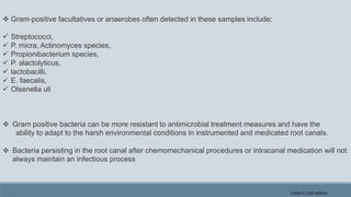  Gram-positive facultatives or anaerobes often detected in these samples include:
 Streptococci,
 P. micra, Actinomyces species,
 Propionibacterium species,
 P. alactolyticus,
 lactobacilli,
 E. faecalis,
 Olsenella uli
 Gram positive bacteria can be more resistant to antimicrobial treatment measures and have the
ability to adapt to the harsh environmental conditions in instrumented and medicated root canals.
 Bacteria persisting in the root canal after chemomechanical procedures or intracanal medication will not
always maintain an infectious process
Cohen's 11th edition
 