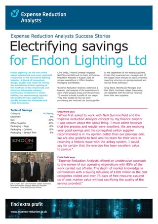 Expense Reduction Analysts Success Stories

Electrifying savings
for Endon Lighting Ltd
Endon Lighting Ltd are one of the                      Chris Dodd, Finance Director, engaged          to the capabilities of the leading suppliers.
oldest established and most reputable                  Neill Summerfield and his team at Expense      Finally they examined our management of
companies in the decorative lighting                   Reduction Analysts in August 2011 to           the supply chain and put in place a monthly
industry. A blend of innovation,                       review expenditure in Office Supplies,         reporting structure on savings realised and
design, quality and value for money                    Packaging and Utilities.                       service levels achieved.”
has established Endon Lighting at
the forefront of the retail trade and                  “Expense Reduction Analysts undertook a        Greg Ward, Warehouse Manager, and
electrical wholesale industry.                         forensic cost analysis of the expenditure in   Dan Clark, Purchase Ledger Supervisor,
Continuous investment in stock-                        each of the project areas over the previous    are delighted with the service received
holding and warehousing capacity                       12 months to build a profile of our usage.     from their new suppliers.
has enabled Endon Lighting to                          They then looked at how we were
quickly develop its wholesale and                      purchasing and matched our buying profile
retail businesses.


Table of Savings
                                                       Greg Ward says
Category                                 % Saving
Electricity                                   9%
                                                       “When first asked to work with Neill Summerfield and the
Gas                                          29%       Expense Reduction Analysts concept by my finance director
Office Supplies                              43%       I was unsure about the whole thing. I must admit however
Packaging - Bags                             16%       that the process and results were excellent. We are realising
Packaging - Cartons                          19%
                                                       very good savings and the corrugated carton supplier
Packaging - Stretch Film                      6%
                                                       recommended is in my opinion better than our previous one.
                                                       We are also grateful to Neill and his team for their work in
                                                       resolving a historic issue with the airbag system. I would
                                                       say for certain that the exercise has been excellent value
                                                       to pursue.”

                                                       Chris Dodd says
                                                       “Expense Reduction Analysts offered an unobtrusive approach
                                                       to the review of our operating expenditure with 95% of the
                                                       work carried out off-site. The depth of market knowledge in
                                                       combination with a buying influence of £100 million in the cost
                                                       categories visited and over 75 days of free resource assured
                                                       us of best market value without sacrificing the quality of the
Left to right: Dan Clark Purchase Ledger Supervisor,   service provided.”
Neill Summerfield Expense Reduction Analysts
Consultant, Chris Dodd Finance Director




find extra profit
www.expense-reduction.co.uk
 