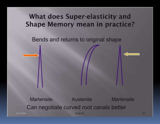Bends and returns to original shape




             Martensite      Austenite       Martensite
            Can negotiate curved root canals better
8/24/2009                      Endo12                     21
 