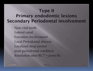Non vital tooth
      Lateral canal
      Furcation involvement
      Local Periodontal abscess
      Localized deep pocket
      poor periodontal condition
      Resolution after RCT + perio Rx

8/31/2009                Endo 13        6
 