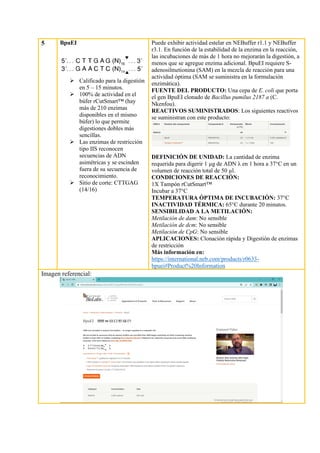 5 BpuEI
➢ Calificado para la digestión
en 5 – 15 minutos.
➢ 100% de actividad en el
búfer rCutSmart™ (hay
más de 210 enzimas
disponibles en el mismo
búfer) lo que permite
digestiones dobles más
sencillas.
➢ Las enzimas de restricción
tipo IIS reconocen
secuencias de ADN
asimétricas y se escinden
fuera de su secuencia de
reconocimiento.
➢ Sitio de corte: CTTGAG
(14/16)
Puede exhibir actividad estelar en NEBuffer r1.1 y NEBuffer
r3.1. En función de la estabilidad de la enzima en la reacción,
las incubaciones de más de 1 hora no mejorarán la digestión, a
menos que se agregue enzima adicional. BpuEI requiere S-
adenosilmetionina (SAM) en la mezcla de reacción para una
actividad óptima (SAM se suministra en la formulación
enzimática).
FUENTE DEL PRODUCTO: Una cepa de E. coli que porta
el gen BpuEI clonado de Bacillus pumilus 2187 a (C.
Nkenfou).
REACTIVOS SUMINISTRADOS: Los siguientes reactivos
se suministran con este producto:
DEFINICIÓN DE UNIDAD: La cantidad de enzima
requerida para digerir 1 µg de ADN λ en 1 hora a 37°C en un
volumen de reacción total de 50 µl.
CONDICIONES DE REACCIÓN:
1X Tampón rCutSmart™
Incubar a 37°C
TEMPERATURA ÓPTIMA DE INCUBACIÓN: 37°C
INACTIVIDAD TÉRMICA: 65°C durante 20 minutos.
SENSIBILIDAD A LA METILACIÓN:
Metilación de dam: No sensible
Metilación de dcm: No sensible
Metilación de CpG: No sensible
APLICACIONES: Clonación rápida y Digestión de enzimas
de restricción
Más información en:
https://international.neb.com/products/r0633-
bpuei#Product%20Information
Imagen referencial:
 