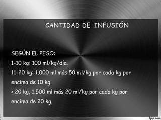 CANTIDAD DE INFUSIÓN 
SEGÚN EL PESO: 
1-10 kg: 100 ml/kg/día. 
11-20 kg: 1.000 ml más 50 ml/kg por cada kg por 
encima de 10 kg. 
> 20 kg, 1.500 ml más 20 ml/kg por cada kg por 
encima de 20 kg. 
 