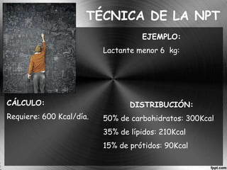 TÉCNICA DE LA NPT 
EJEMPLO: 
Lactante menor 6 kg: 
DISTRIBUCIÓN: 
50% de carbohidratos: 300Kcal 
35% de lípidos: 210Kcal 
15% de prótidos: 90Kcal 
CÁLCULO: 
Requiere: 600 Kcal/día. 
 