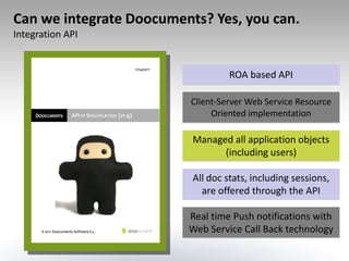 Can we integrate Doocuments? Yes, you can.
Integration API


                                   ROA based API

                          Client-Server Web Service Resource
                               Oriented implementation

                          Managed all application objects
                                (including users)

                          All doc stats, including sessions,
                            are offered through the API

                         Real time Push notifications with
                         Web Service Call Back technology
 