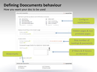 Defining Doocuments behaviour
How you want your doc to be used


                                          Configure
                                         notifications


                                    Hidden pages & non
                                      printable pages

                                      Max number of
                                   readings & passwords


                                   IP filters & IP Access
 Watermarks                              on demand
 