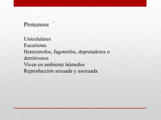 5
Protozoos

Unicelulares
Eucariotas
Heterotrofos, fagotrofos, depretadores o
detritivoros
Viven en ambiente húmedos
Reproducción sexuada y asexuada
 