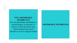 NON-ABSORBABLE
MEMBRANES
For non-absorbable membranes, a
second surgery is necessary to
remove it from the defect area,
which increases the risk of
infection as well as surgical burden
ABSORBABLE MEMBRANES
 