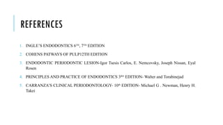 REFERENCES
1. INGLE’S ENDODONTICS 6TH
, 7TH
EDITION
2. COHENS PATWAYS OF PULP12TH EDITION
3. ENDODONTIC PERIODONTIC LESION-Igor Tsesis Carlos, E. Nemcovsky, Joseph Nissan, Eyal
Rosen
4. PRINCIPLES AND PRACTICE OF ENDODONTICS 3RD
EDITION- Walter and Torabinejad
5. CARRANZA’S CLINICAL PERIODONTOLOGY- 10th
EDITION- Michael G . Newman, Henry H.
Takei
 