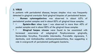 3. VIRUS
In patients with periodontal disease, herpes simplex virus was frequently
detected in gingival crevicular fluid gingival biopsies of periodontal lesions
• Human cytomegalovirus was observed in about 65% of
periodontal pocket samples and in about 85% of gingival tissue samples.
• • Epstein–Barr virus type I was observed in more than 40% of
pocket samples and in about 80% of the gingival tissue samples
• • Gingival herpes viruses were found to be associated with
increased occurrence of subgingival Porphyromonas gingivalis,
Bacteroides forsythus, Prevotella intermedia, Prevotella nigrescens, T.
denticola, and Actinobacillus actinomycetemcomitans, thus suggesting a
role in overgrowth of periodontal pathogenic bacteria.
 