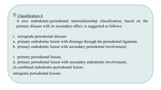  Classification 4
A new endodontic-periodontal interrelationship classification, based on the
primary disease with its secondary effect, is suggested as follows:
i. retrograde periodontal disease:
a. primary endodontic lesion with drainage through the periodontal ligament,
b. primary endodontic lesion with secondary periodontal involvement;
i. primary periodontal lesion;
ii. primary periodontal lesion with secondary endodontic involvement;
iii.combined endodontic-periodontal lesion;
iatrogenic periodontal lesions
 