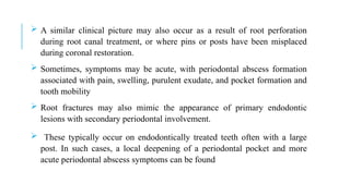  A similar clinical picture may also occur as a result of root perforation
during root canal treatment, or where pins or posts have been misplaced
during coronal restoration.
 Sometimes, symptoms may be acute, with periodontal abscess formation
associated with pain, swelling, purulent exudate, and pocket formation and
tooth mobility
 Root fractures may also mimic the appearance of primary endodontic
lesions with secondary periodontal involvement.
 These typically occur on endodontically treated teeth often with a large
post. In such cases, a local deepening of a periodontal pocket and more
acute periodontal abscess symptoms can be found
 