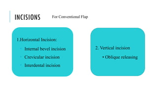 INCISIONS For Conventional Flap
1.Horizontal Incision:
• Internal bevel incision
• Crevicular incision
• Interdental incision
2. Vertical incision
• Oblique releasing
 