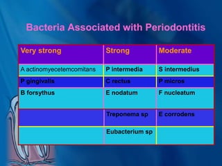 Bacteria Associated with Periodontitis
Very strong Strong Moderate
A actinomyecetemcomitans P intermedia S intermedius
P gingivalis C rectus P micros
B forsythus E nodatum F nucleatum
Treponema sp E corrodens
Eubacterium sp
 