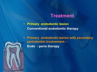 Treatment
• Primary endodontic lesion
Conventional endodontic therapy
• Primary endodontic lesion with secondary
periodontal involvement –
Endo - perio therapy
 