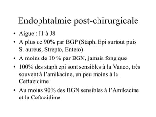Endophtalmie post-chirurgicale
• Aigue : J1 à J8
• A plus de 90% par BGP (Staph. Epi surtout puis
  S. aureus, Strepto, Entero)
• A moins de 10 % par BGN, jamais fongique
• 100% des staph epi sont sensibles à la Vanco, très
  souvent à l’amikacine, un peu moins à la
  Ceftazidime
• Au moins 90% des BGN sensibles à l’Amikacine
  et la Ceftazidime
 