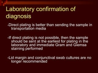 Laboratory confirmation of
diagnosis
-Direct plating is better than sending the sample in
transportation media
-If direct plating is not possible, then the sample
should be sent at the earliest for plating in the
laboratory and immediate Gram and Giemsa
staining performed
-Lid margin and conjunctival swab cultures are no
longer recommended
 